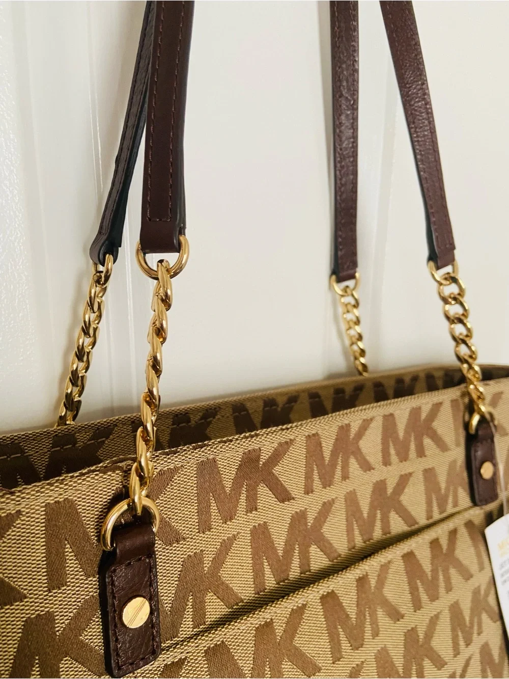 Michael Kors Tan and Brown Signature MK Tote with Gold Chain Straps